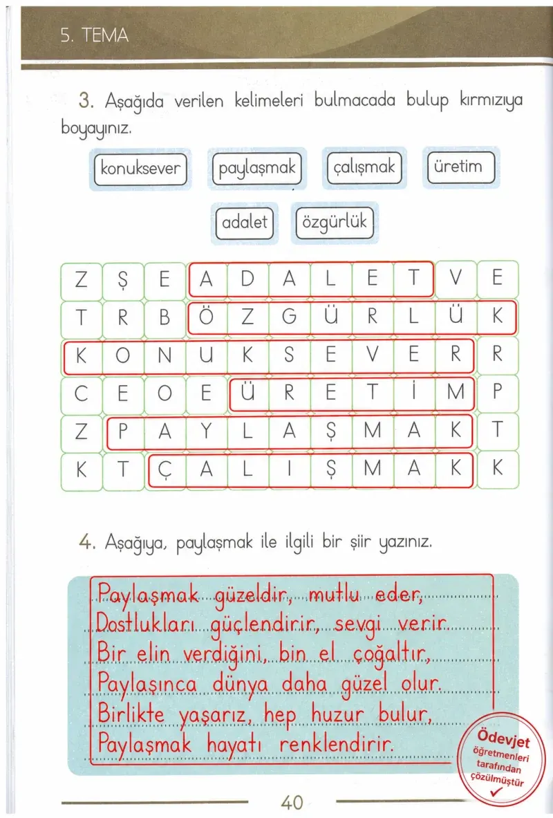 1. Sınıf Türkçe Ders Kitabı Cevapları Bilim ve Kültür Yayınları Sayfa 40 Çözüm Görseli