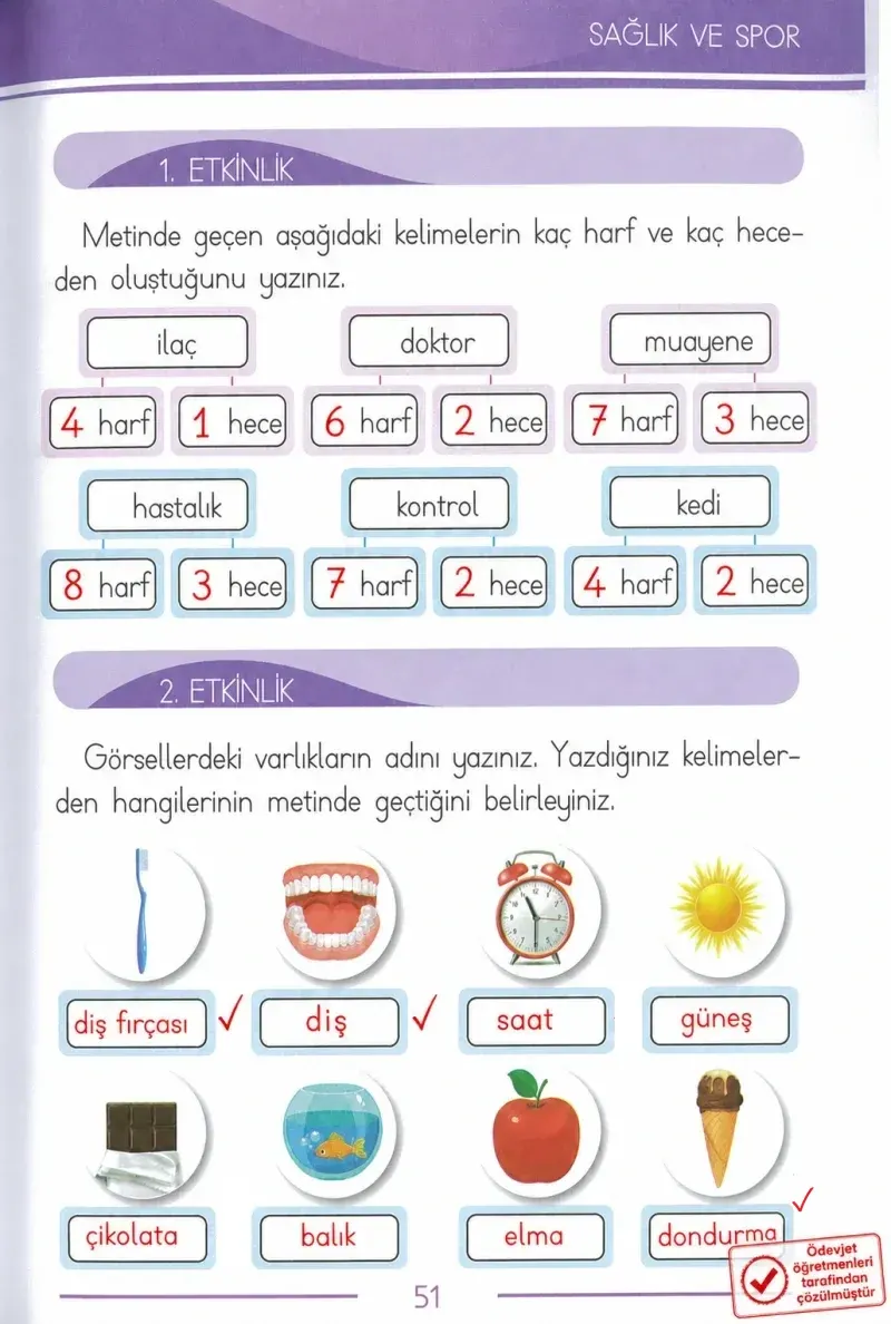 1. Sınıf Türkçe Ders Kitabı Cevapları Bilim ve Kültür Yayınları Sayfa 51 Çözüm Görseli