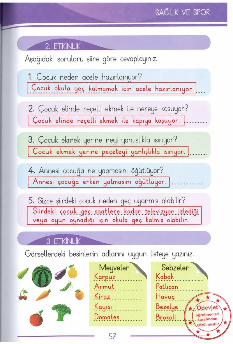 1. Sınıf Türkçe Ders Kitabı Cevapları Bilim ve Kültür Yayınları Sayfa 57 Çözüm Görseli