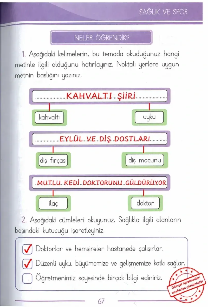 1. Sınıf Türkçe Ders Kitabı Cevapları Bilim ve Kültür Yayınları Sayfa 67 Çözüm Görseli