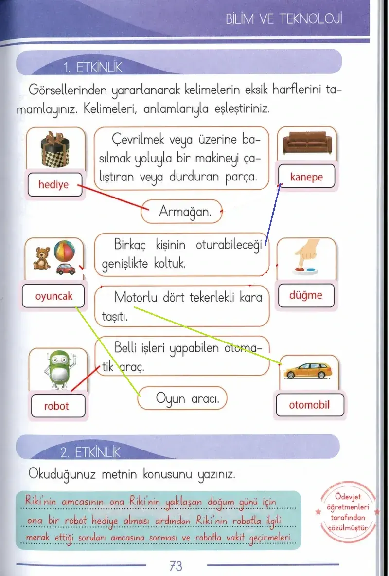1. Sınıf Türkçe Ders Kitabı Cevapları Bilim ve Kültür Yayınları Sayfa 73 Çözüm Görseli