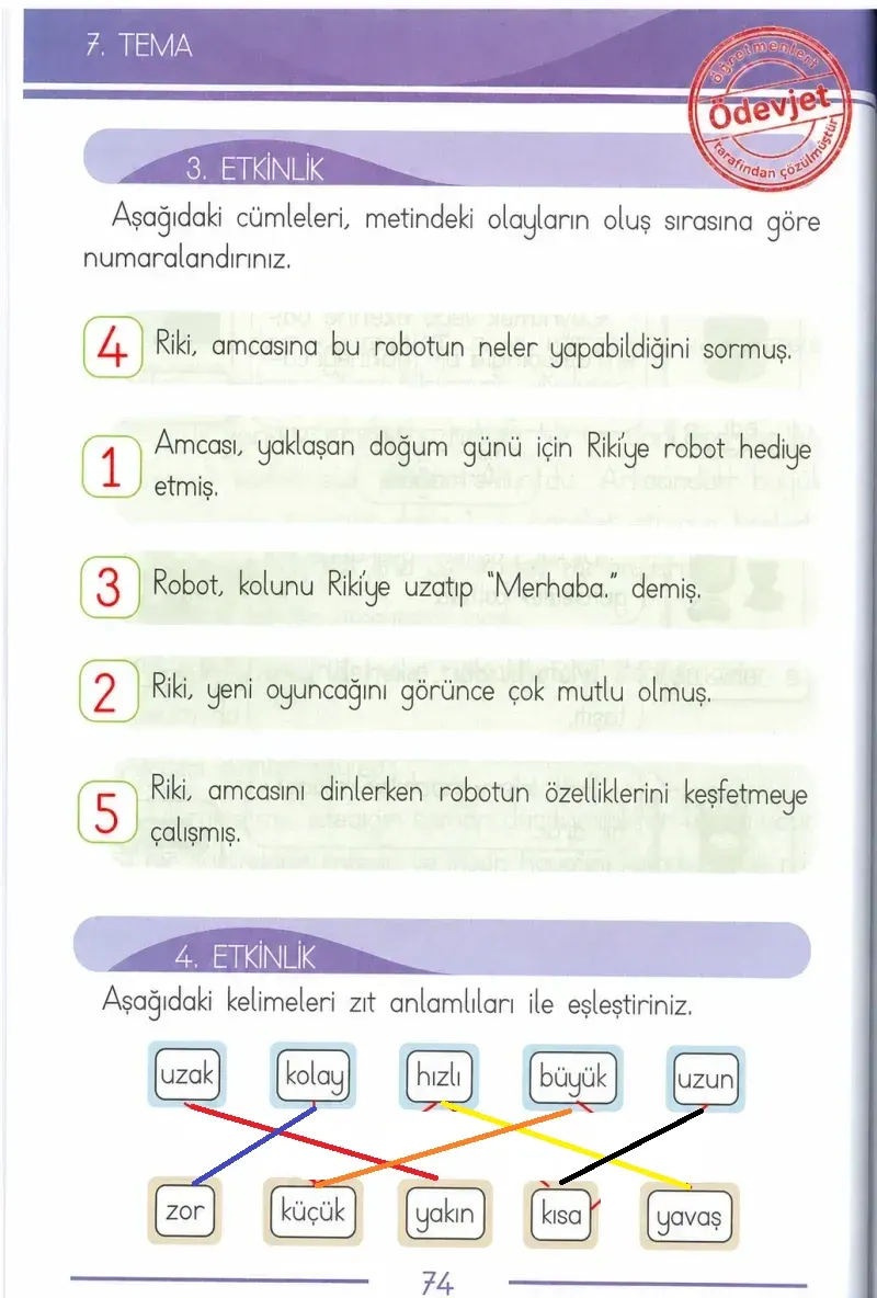 1. Sınıf Türkçe Ders Kitabı Cevapları Bilim ve Kültür Yayınları Sayfa 74 Çözüm Görseli