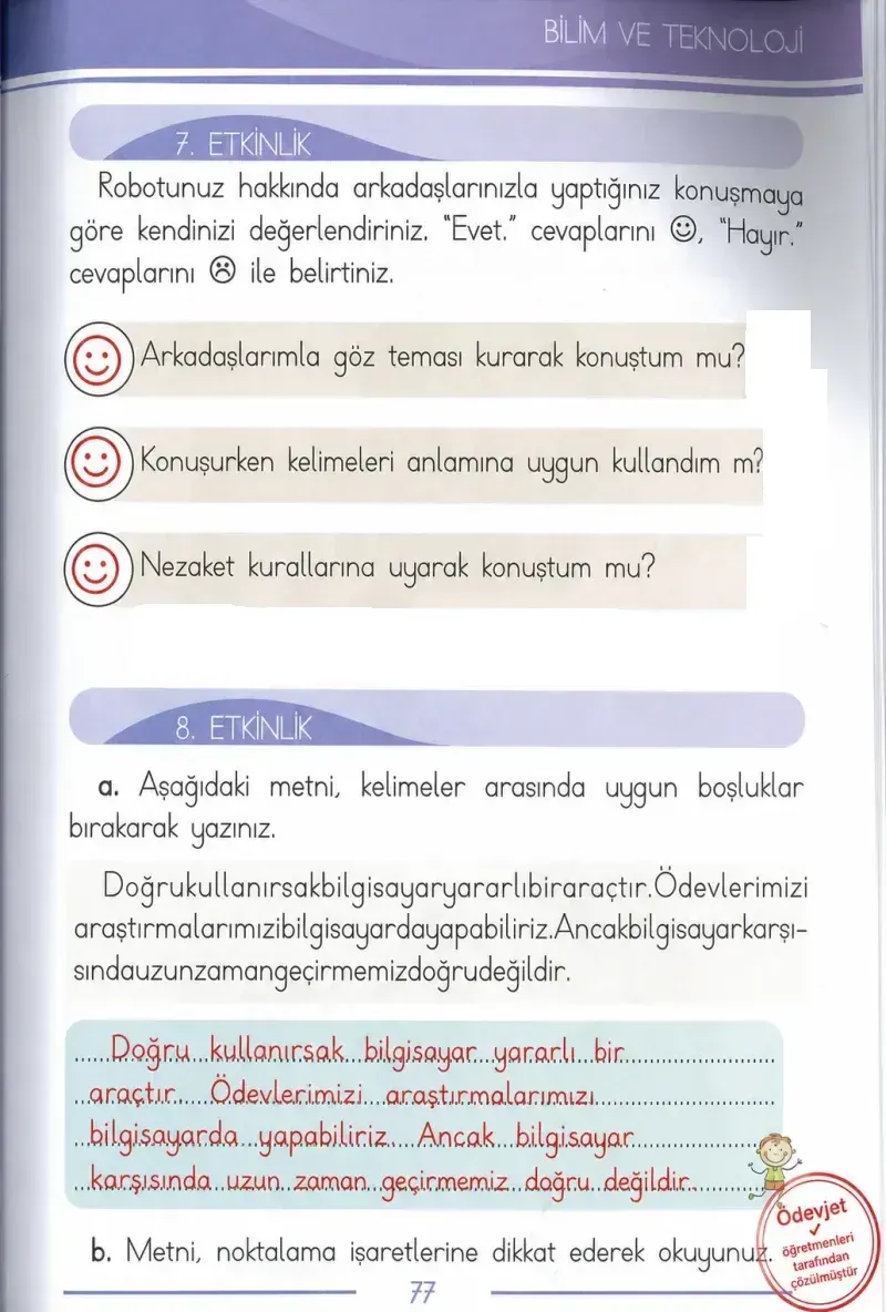 1. Sınıf Türkçe Ders Kitabı Cevapları Bilim ve Kültür Yayınları Sayfa 77 Çözüm Görseli