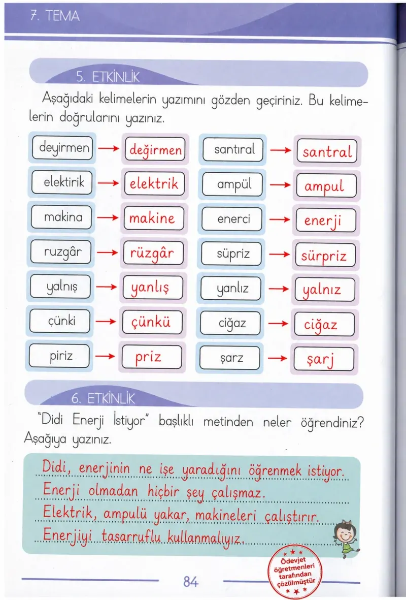 1. Sınıf Türkçe Ders Kitabı Cevapları Bilim ve Kültür Yayınları Sayfa 84 Çözüm Görseli