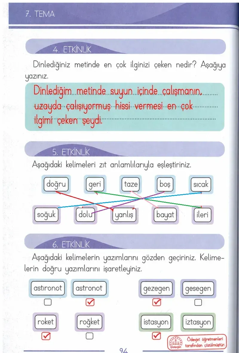 1. Sınıf Türkçe Ders Kitabı Cevapları Bilim ve Kültür Yayınları Sayfa 94 Çözüm Görseli