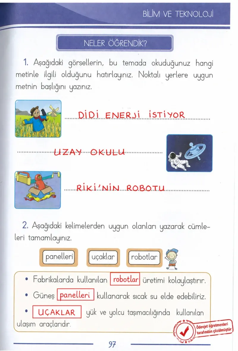 1. Sınıf Türkçe Ders Kitabı Cevapları Bilim ve Kültür Yayınları Sayfa 97 Çözüm Görseli