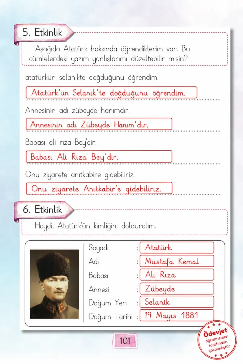 1. Sınıf Türkçe Ders Kitabı Cevapları Cem Yayınları Sayfa 101 Çözüm Görseli