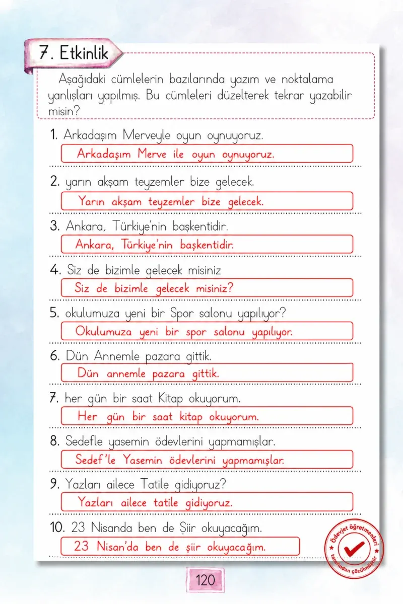 1. Sınıf Türkçe Ders Kitabı Cevapları Cem Yayınları Sayfa 120 Çözüm Görseli