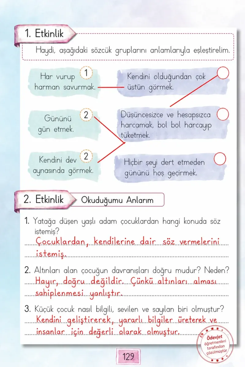 1. Sınıf Türkçe Ders Kitabı Cevapları Cem Yayınları Sayfa 129 Çözüm Görseli