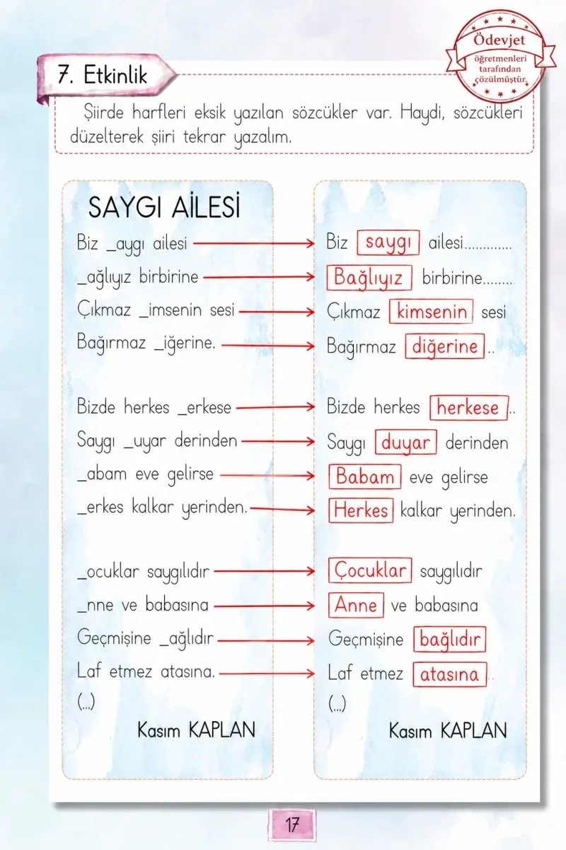 1. Sınıf Türkçe Ders Kitabı Cevapları Cem Yayınları Sayfa 17 Çözüm Görseli