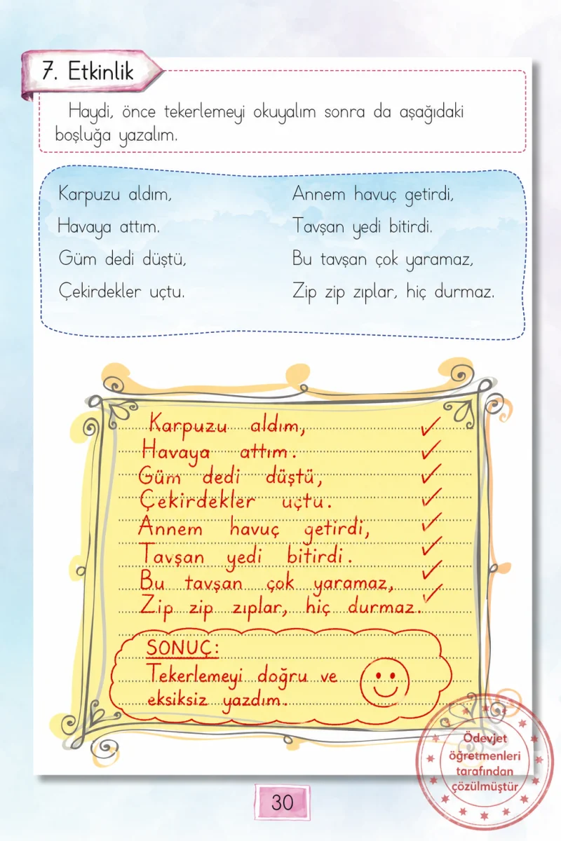 1. Sınıf Türkçe Ders Kitabı Cevapları Cem Yayınları Sayfa 30 Çözüm Görseli