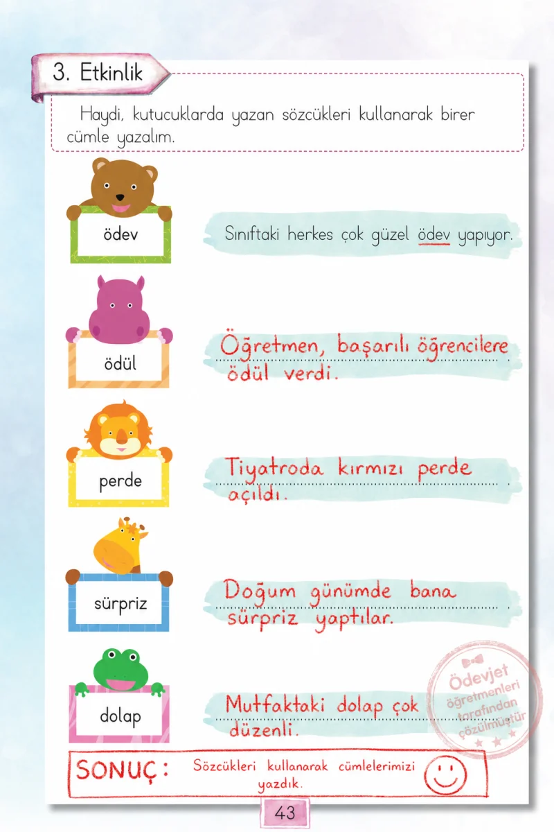 1. Sınıf Türkçe Ders Kitabı Cevapları Cem Yayınları Sayfa 43 Çözüm Görseli