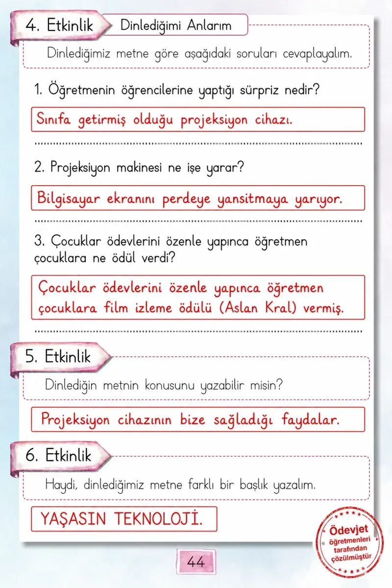 1. Sınıf Türkçe Ders Kitabı Cevapları Cem Yayınları Sayfa 44 Çözüm Görseli