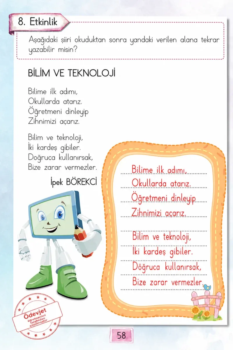 1. Sınıf Türkçe Ders Kitabı Cevapları Cem Yayınları Sayfa 58 Çözüm Görseli