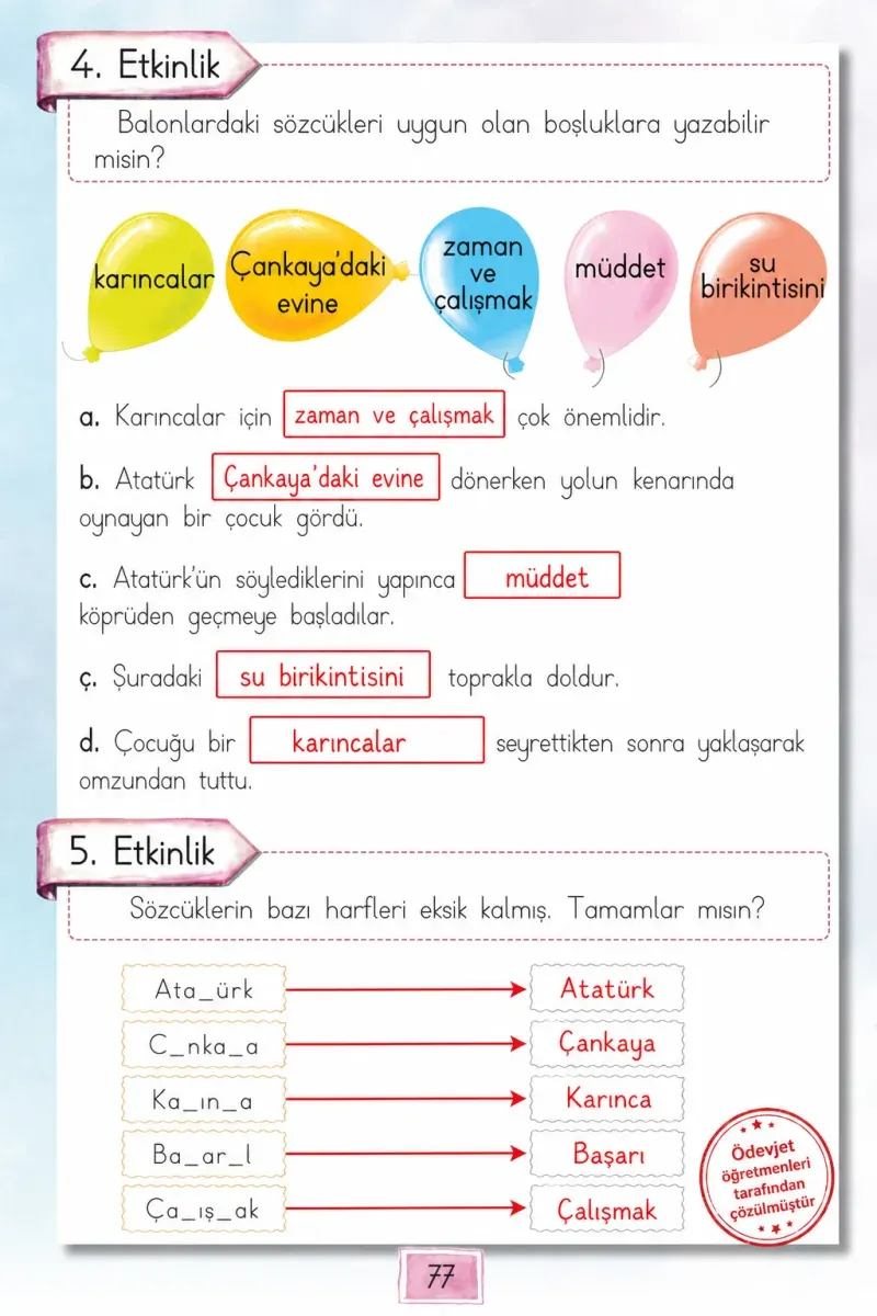 1. Sınıf Türkçe Ders Kitabı Cevapları Cem Yayınları Sayfa 77 Çözüm Görseli