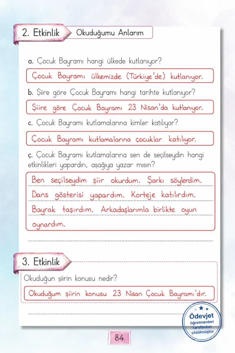 1. Sınıf Türkçe Ders Kitabı Cevapları Cem Yayınları Sayfa 84 Çözüm Görseli