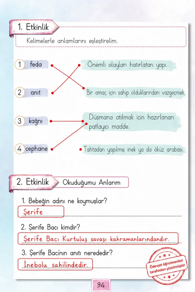 1. Sınıf Türkçe Ders Kitabı Cevapları Cem Yayınları Sayfa 94 Çözüm Görseli