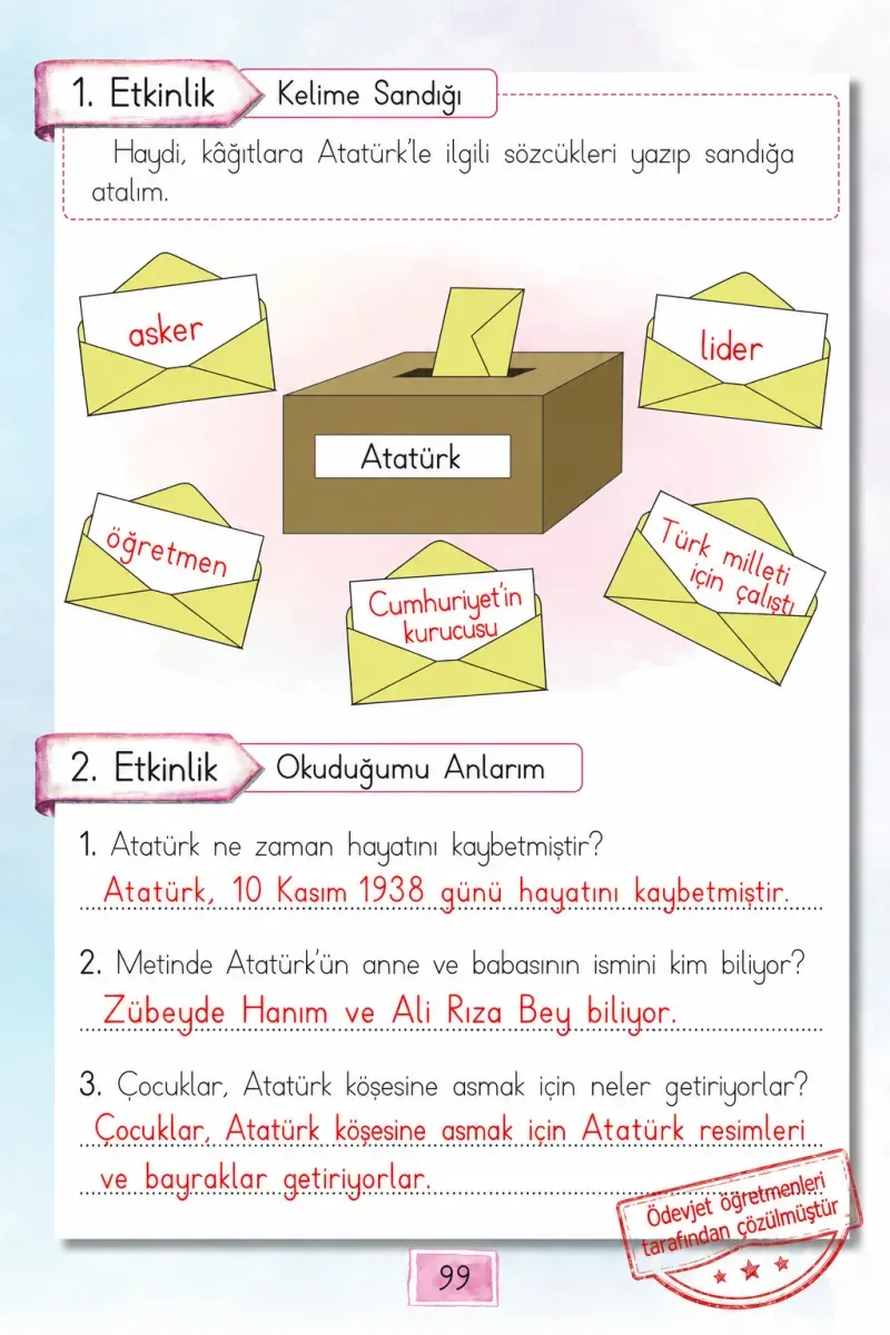 1. Sınıf Türkçe Ders Kitabı Cevapları Cem Yayınları Sayfa 99 Çözüm Görseli