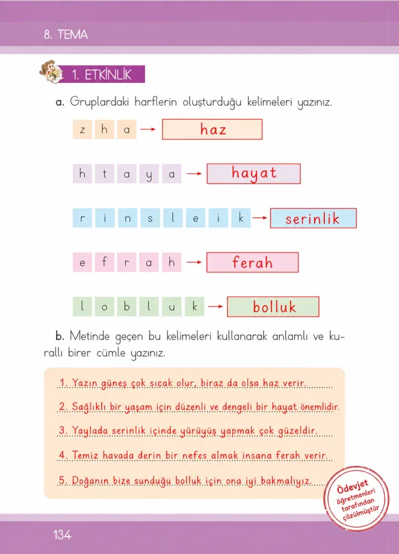 1. Sınıf Türkçe Ders Kitabı Cevapları İlke Yayınları Sayfa 134 Çözüm Görseli