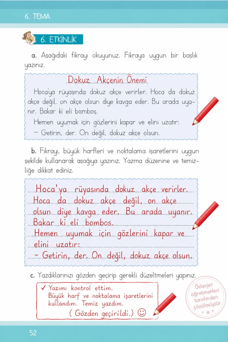 1. Sınıf Türkçe Ders Kitabı Cevapları İlke Yayınları Sayfa 52 Çözüm Görseli