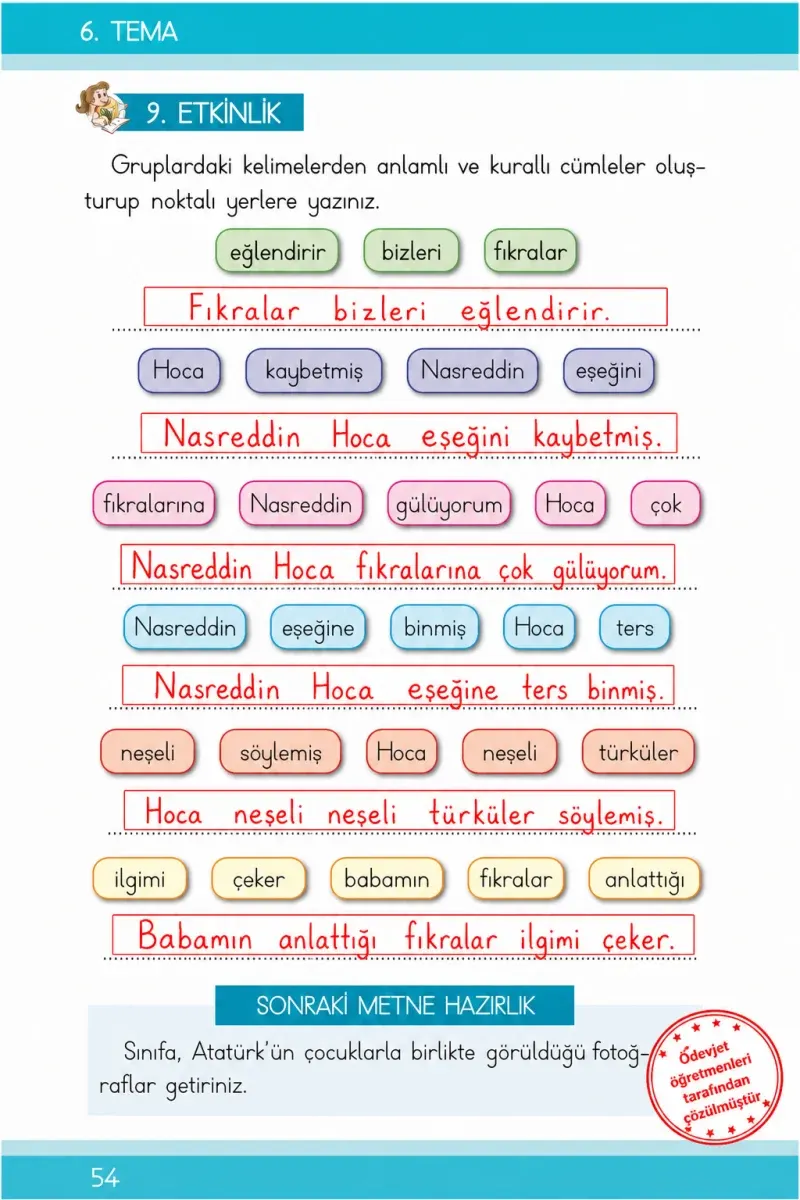 1. Sınıf Türkçe Ders Kitabı Cevapları İlke Yayınları Sayfa 54 Çözüm Görseli