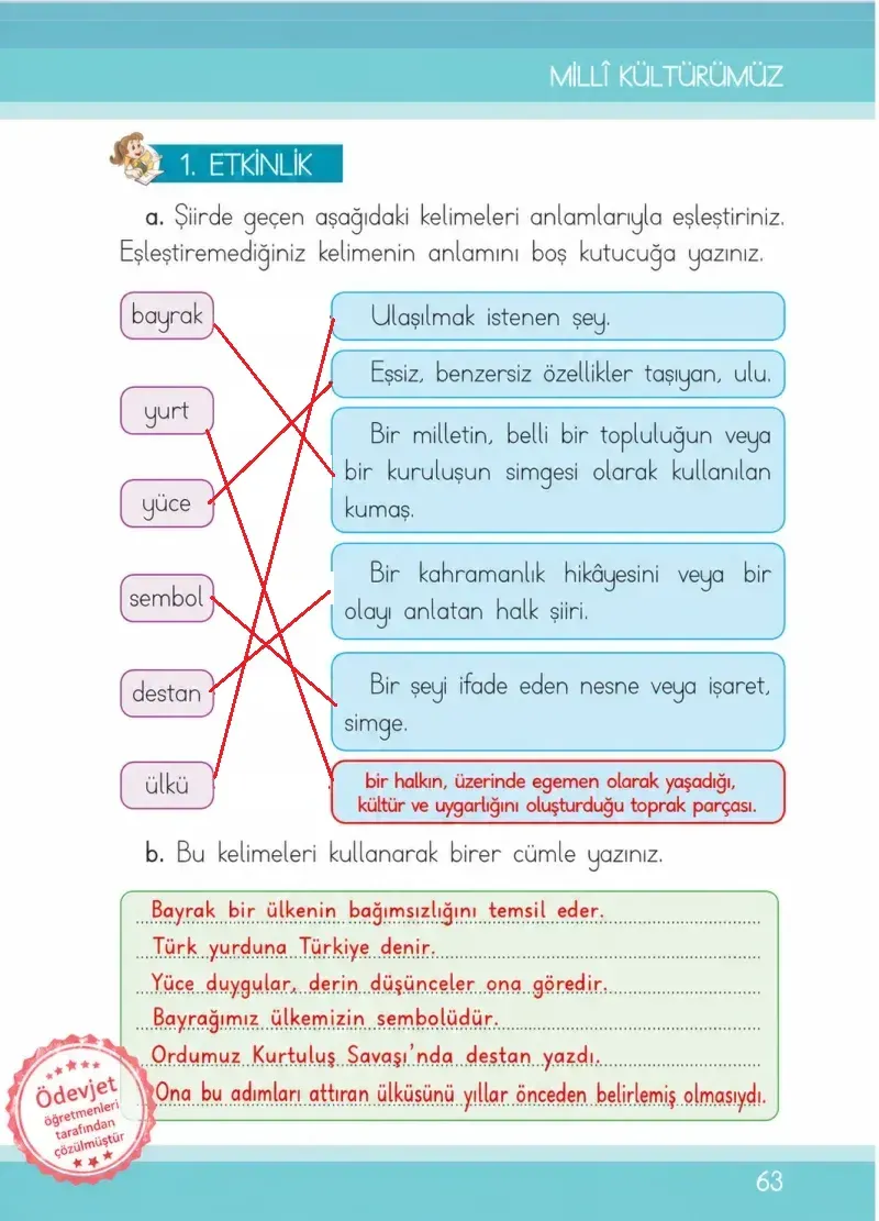 1. Sınıf Türkçe Ders Kitabı Cevapları İlke Yayınları Sayfa 63 Çözüm Görseli