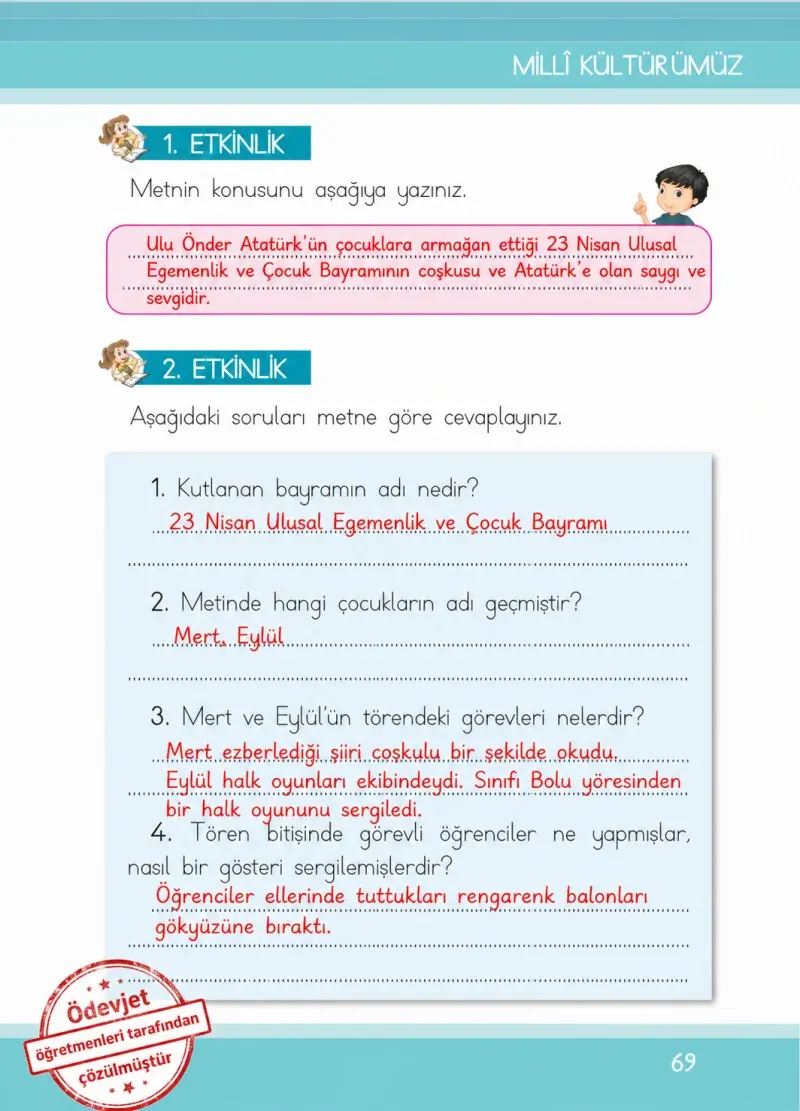 1. Sınıf Türkçe Ders Kitabı Cevapları İlke Yayınları Sayfa 69 Çözüm Görseli