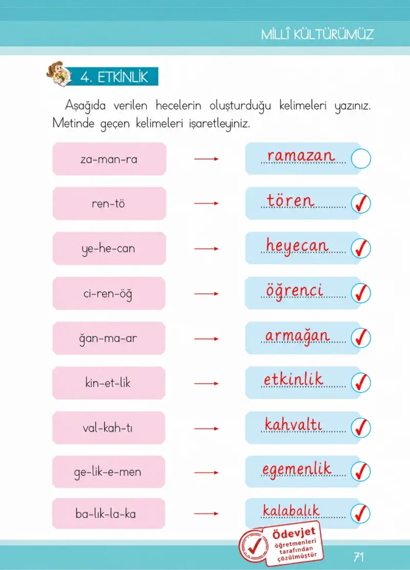1. Sınıf Türkçe Ders Kitabı Cevapları İlke Yayınları Sayfa 71 Çözüm Görseli