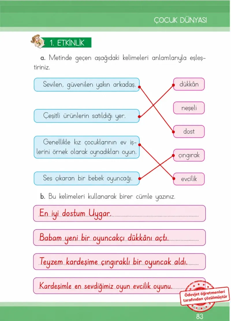 1. Sınıf Türkçe Ders Kitabı Cevapları İlke Yayınları Sayfa 83 Çözüm Görseli