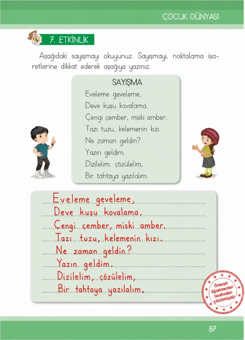 1. Sınıf Türkçe Ders Kitabı Cevapları İlke Yayınları Sayfa 87 Çözüm Görseli