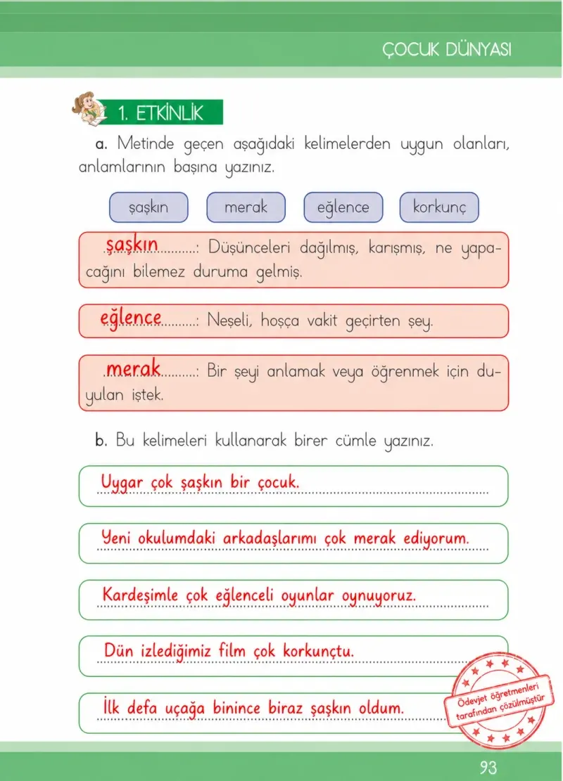 1. Sınıf Türkçe Ders Kitabı Cevapları İlke Yayınları Sayfa 93 Çözüm Görseli