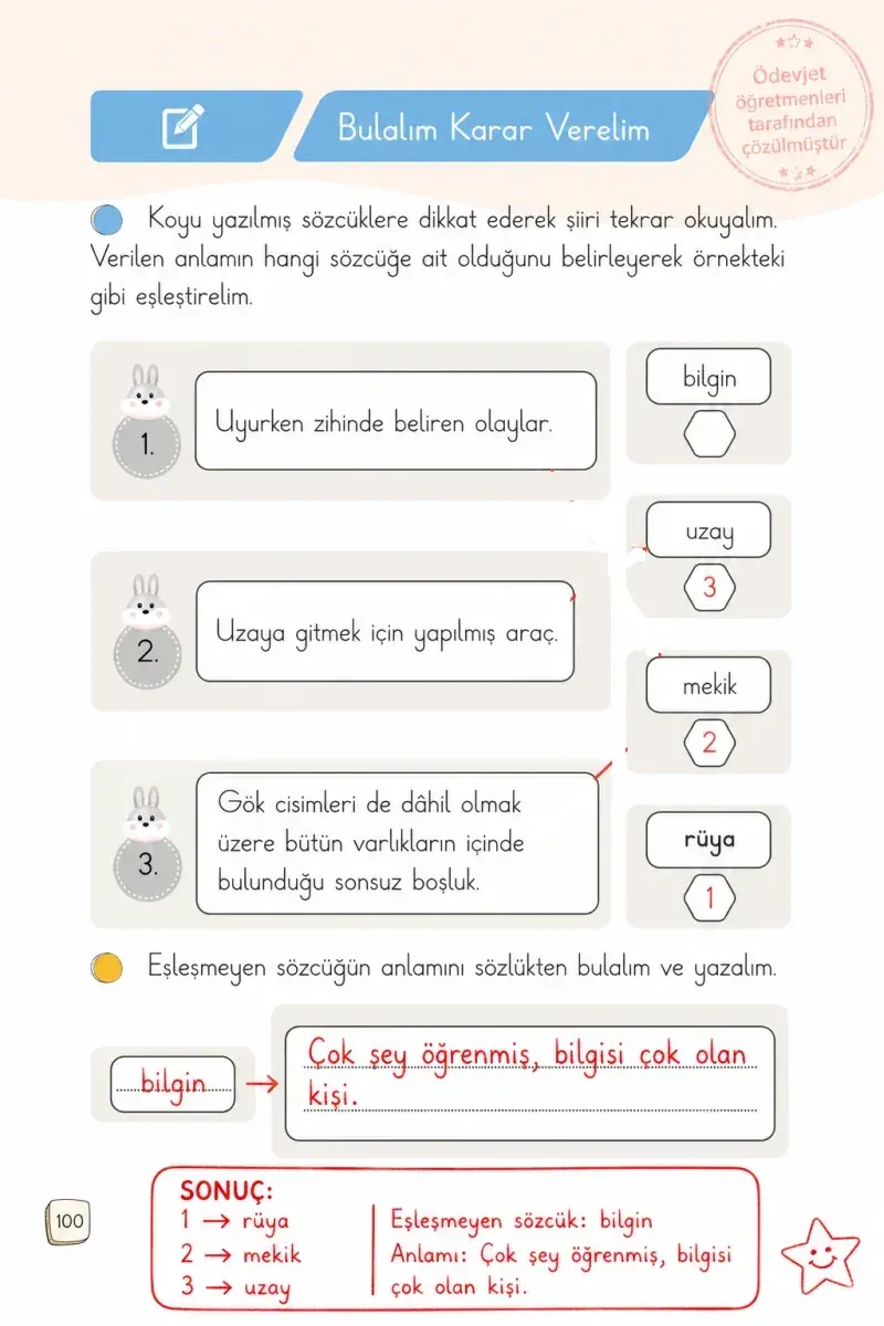 1. Sınıf Türkçe Ders Kitabı Cevapları Meb Yayınları 1. Kitap Sayfa 100 Çözüm Görseli