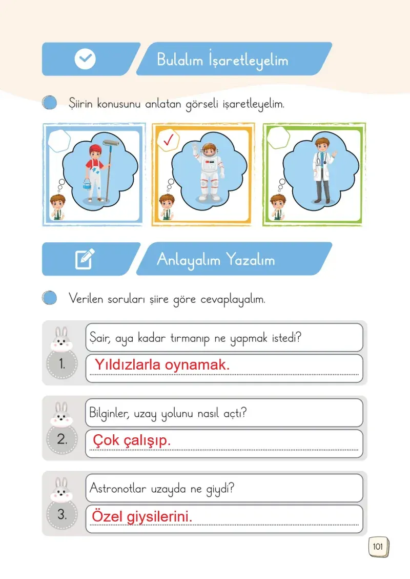 1. Sınıf Türkçe Ders Kitabı Cevapları Meb Yayınları 1. Kitap Sayfa 101 Çözüm Görseli