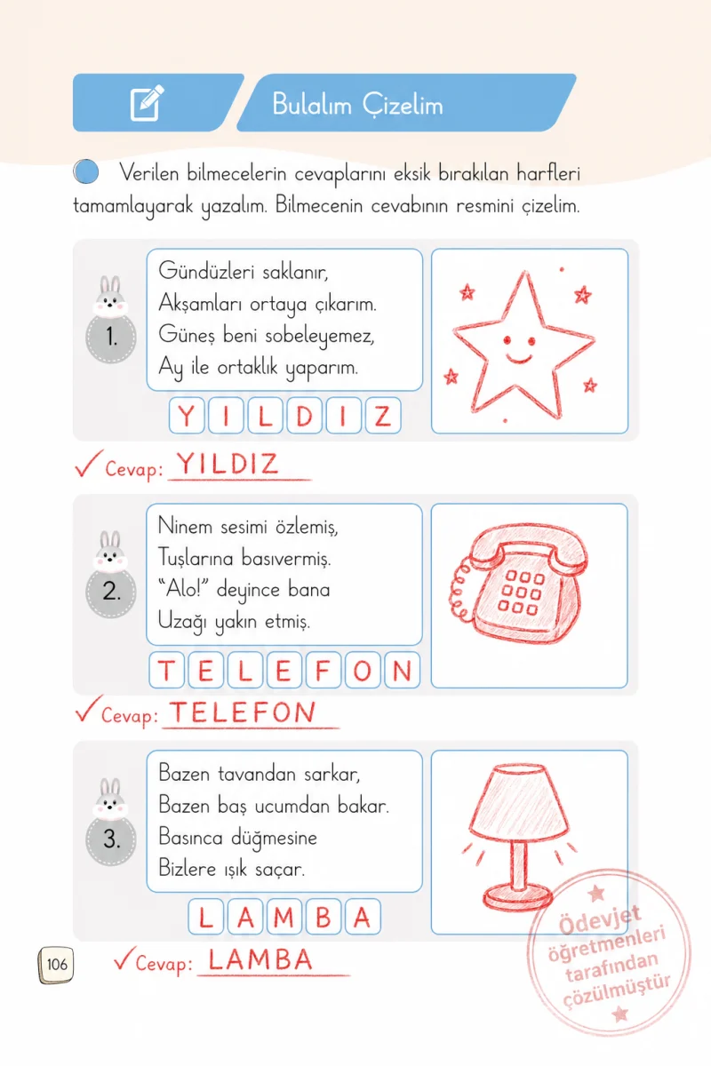 1. Sınıf Türkçe Ders Kitabı Cevapları Meb Yayınları 1. Kitap Sayfa 106 Çözüm Görseli