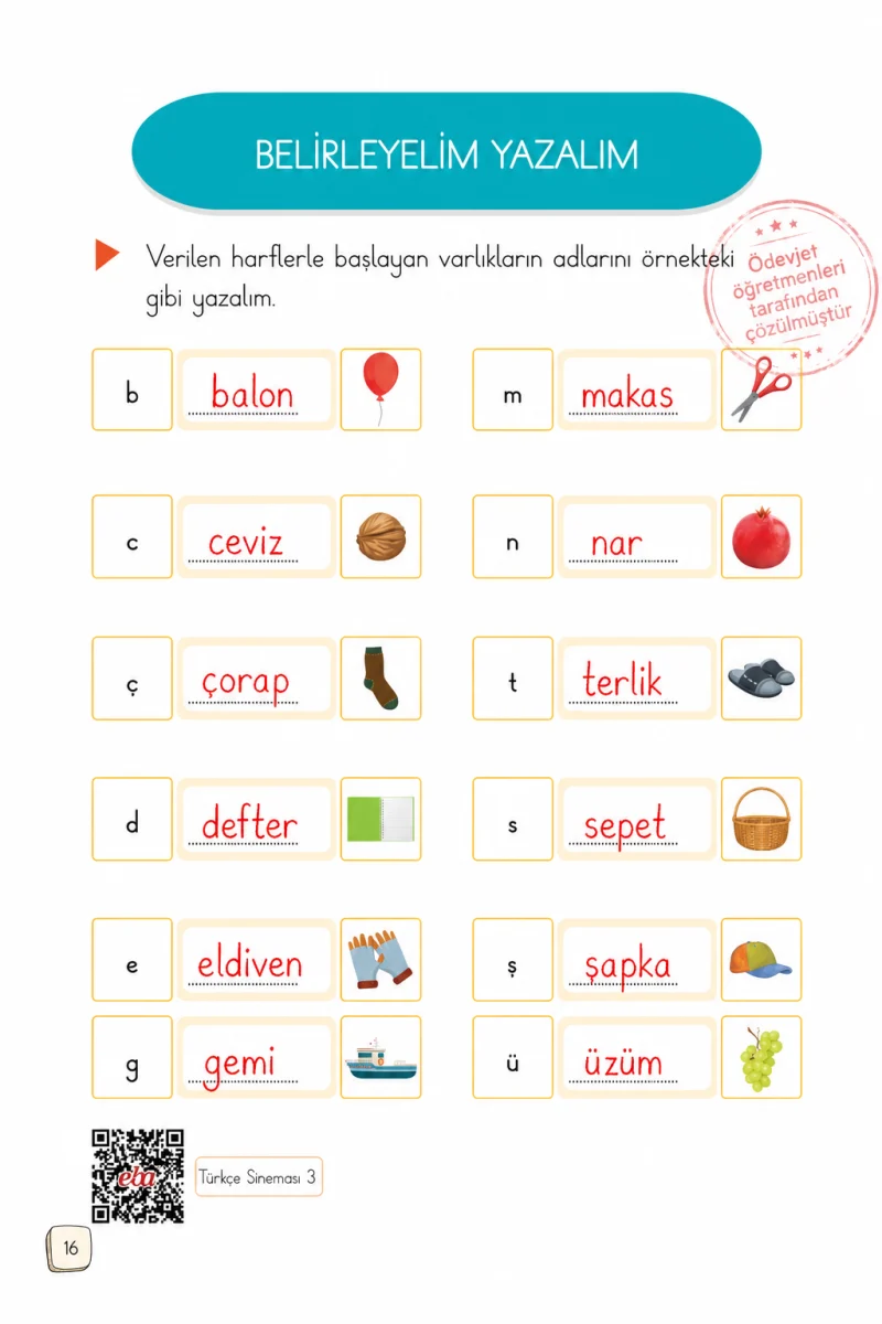 1. Sınıf Türkçe Ders Kitabı Cevapları Meb Yayınları 1. Kitap Sayfa 16 Çözüm Görseli