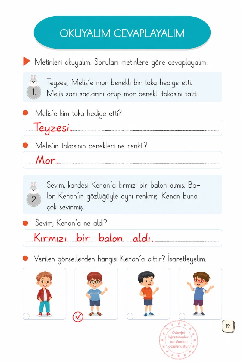 1. Sınıf Türkçe Ders Kitabı Cevapları Meb Yayınları 1. Kitap Sayfa 19 Çözüm Görseli
