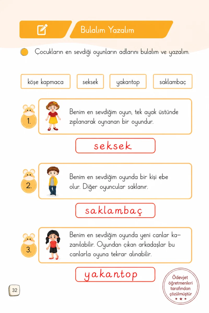 1. Sınıf Türkçe Ders Kitabı Cevapları Meb Yayınları 1. Kitap Sayfa 32 Çözüm Görseli