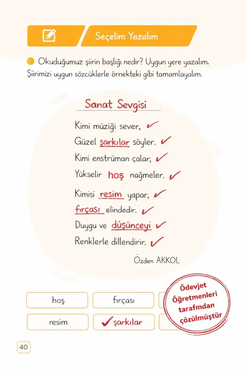 1. Sınıf Türkçe Ders Kitabı Cevapları Meb Yayınları 1. Kitap Sayfa 40 Çözüm Görseli