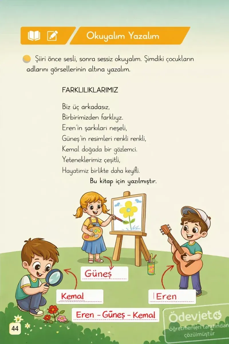 1. Sınıf Türkçe Ders Kitabı Cevapları Meb Yayınları 1. Kitap Sayfa 44 Çözüm Görseli