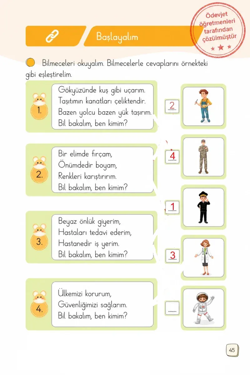 1. Sınıf Türkçe Ders Kitabı Cevapları Meb Yayınları 1. Kitap Sayfa 45 Çözüm Görseli