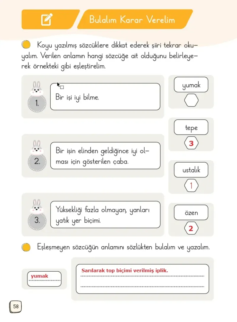 1. Sınıf Türkçe Ders Kitabı Cevapları Meb Yayınları 1. Kitap Sayfa 58 Çözüm Görseli
