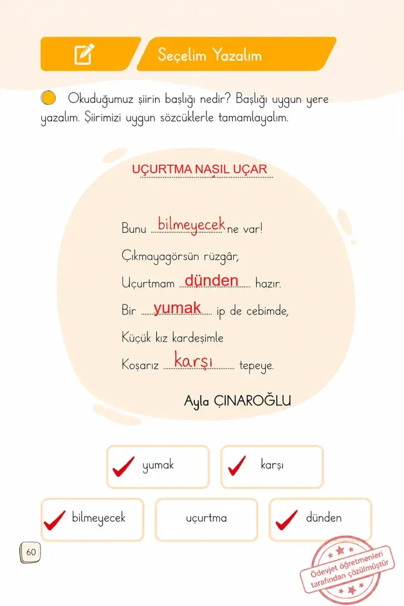 1. Sınıf Türkçe Ders Kitabı Cevapları Meb Yayınları 1. Kitap Sayfa 60 Çözüm Görseli