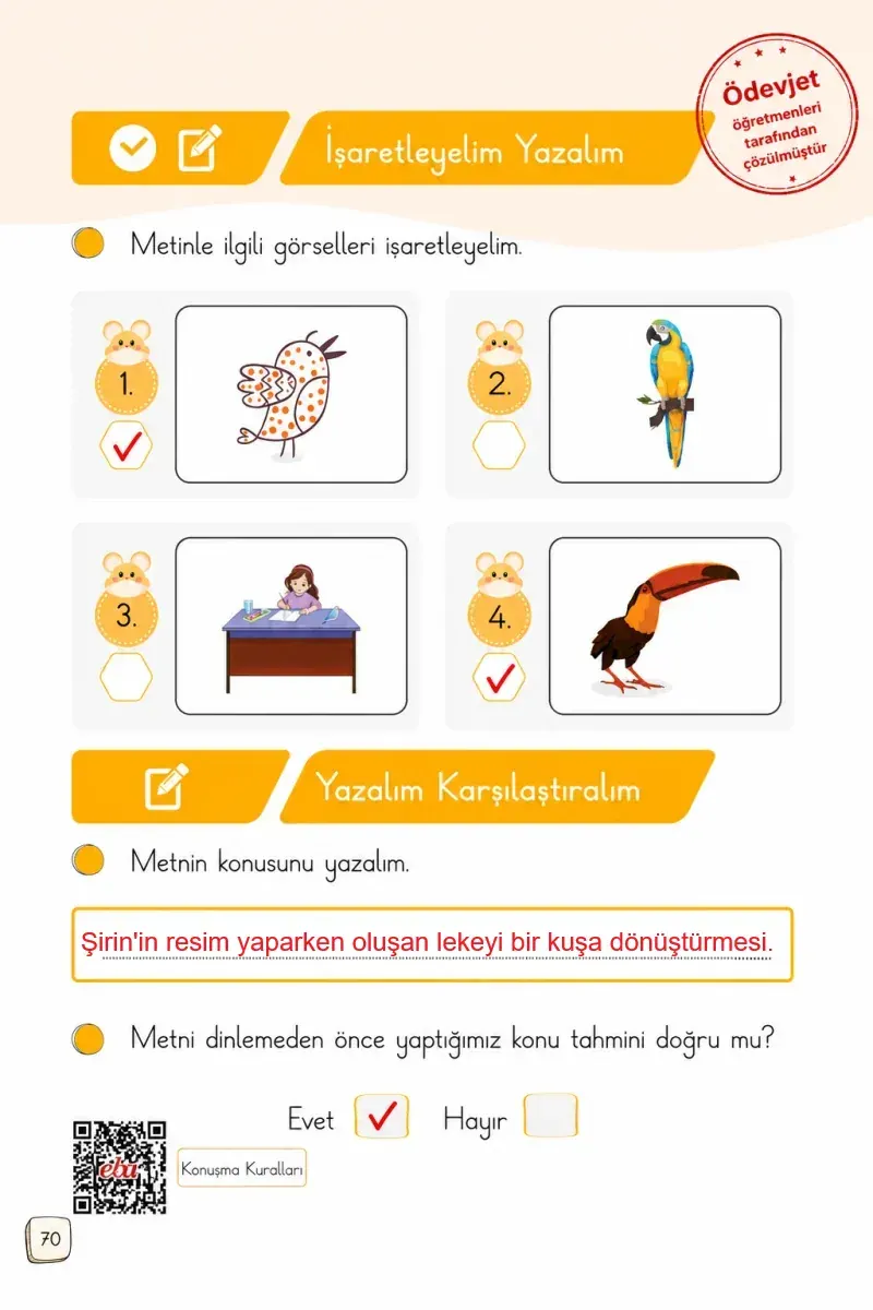 1. Sınıf Türkçe Ders Kitabı Cevapları Meb Yayınları 1. Kitap Sayfa 70 Çözüm Görseli
