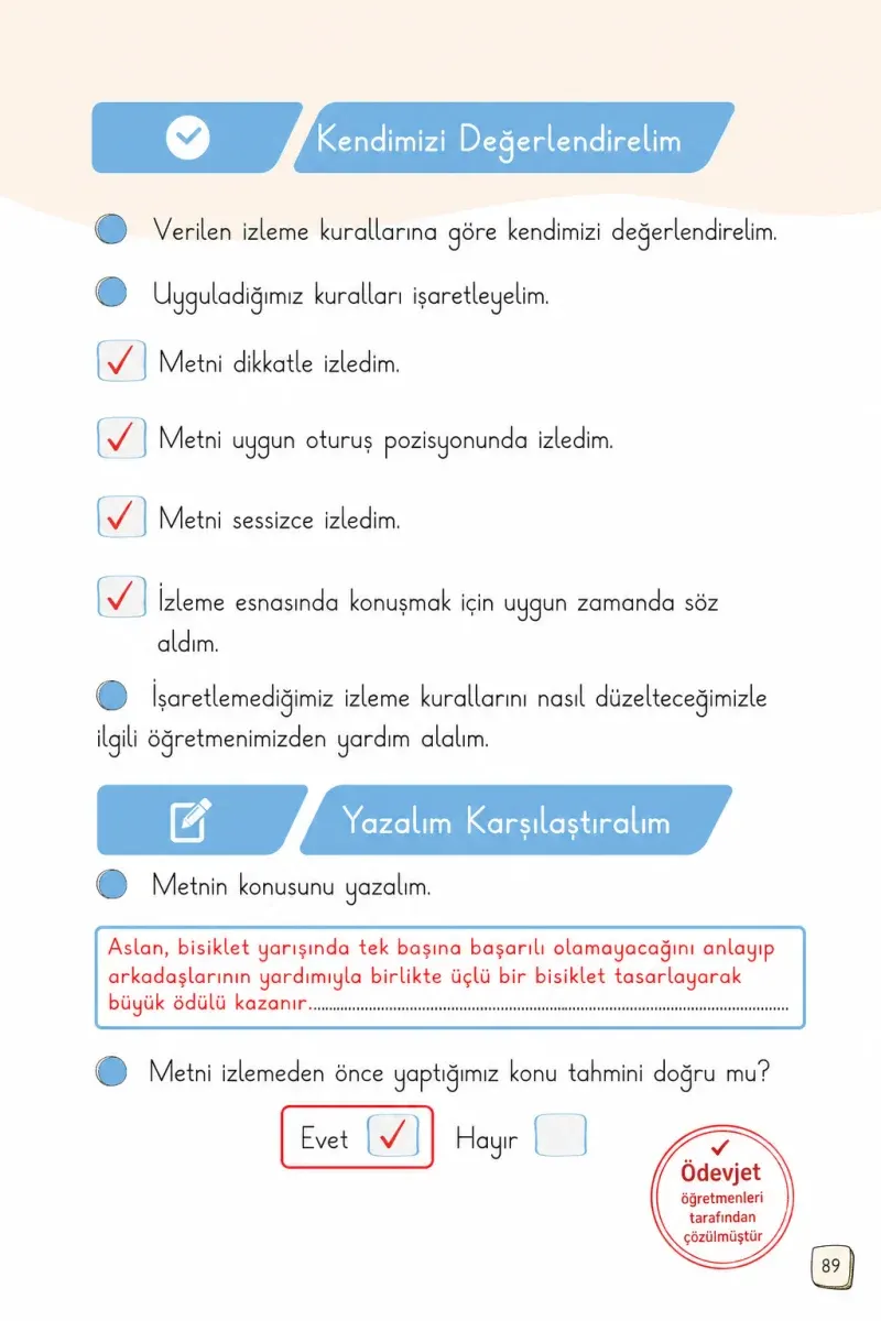 1. Sınıf Türkçe Ders Kitabı Cevapları Meb Yayınları 1. Kitap Sayfa 89 Çözüm Görseli