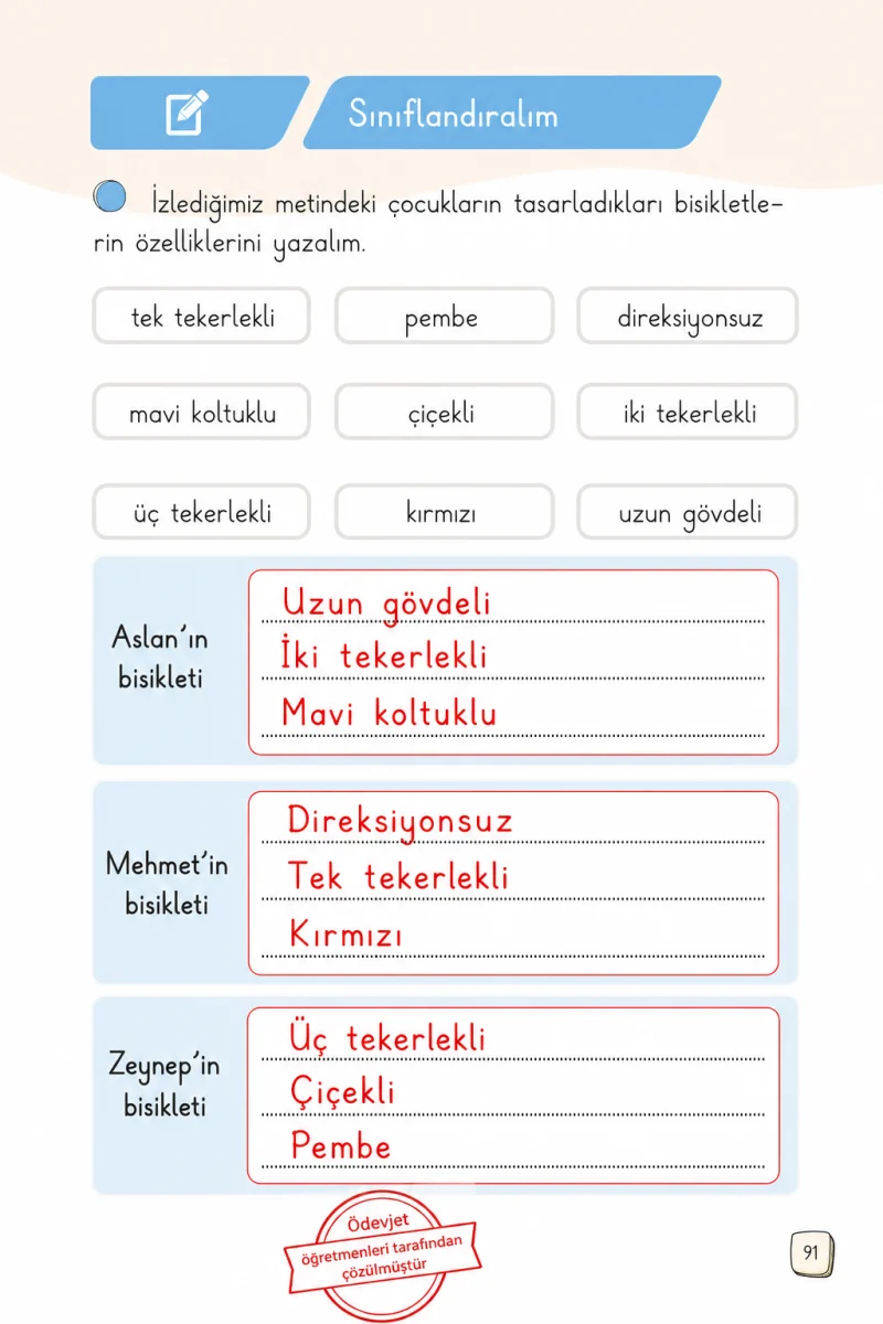 1. Sınıf Türkçe Ders Kitabı Cevapları Meb Yayınları 1. Kitap Sayfa 91 Çözüm Görseli