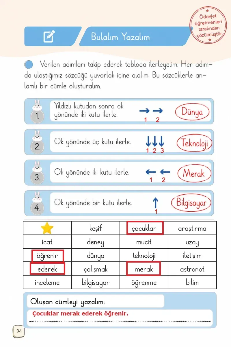 1. Sınıf Türkçe Ders Kitabı Cevapları Meb Yayınları 1. Kitap Sayfa 94 Çözüm Görseli