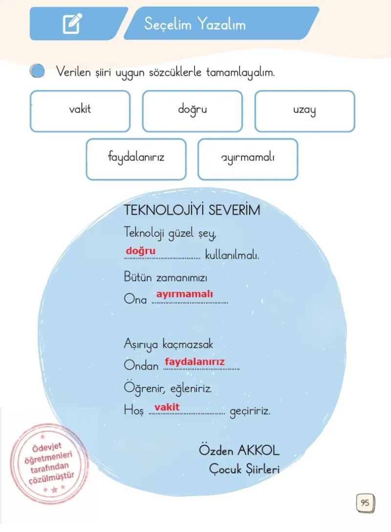 1. Sınıf Türkçe Ders Kitabı Cevapları Meb Yayınları 1. Kitap Sayfa 95 Çözüm Görseli