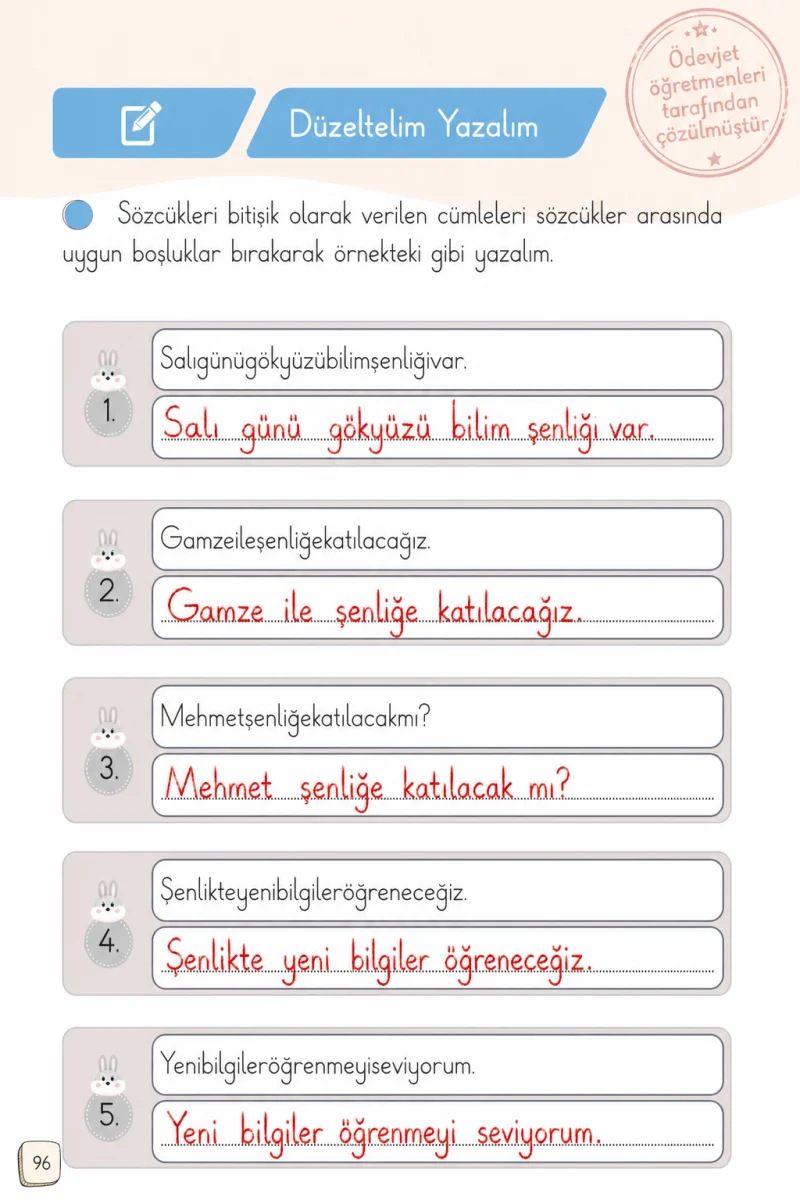 1. Sınıf Türkçe Ders Kitabı Cevapları Meb Yayınları 1. Kitap Sayfa 96 Çözüm Görseli