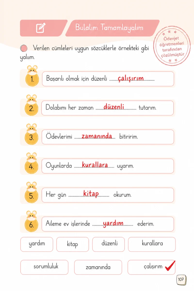 1. Sınıf Türkçe Ders Kitabı Cevapları Meb Yayınları 2. Kitap Sayfa 107 Çözüm Görseli