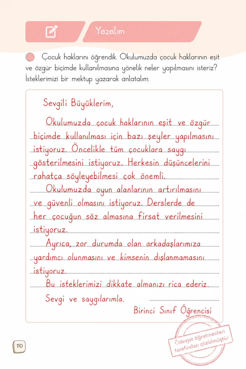 1. Sınıf Türkçe Ders Kitabı Cevapları Meb Yayınları 2. Kitap Sayfa 110 Çözüm Görseli